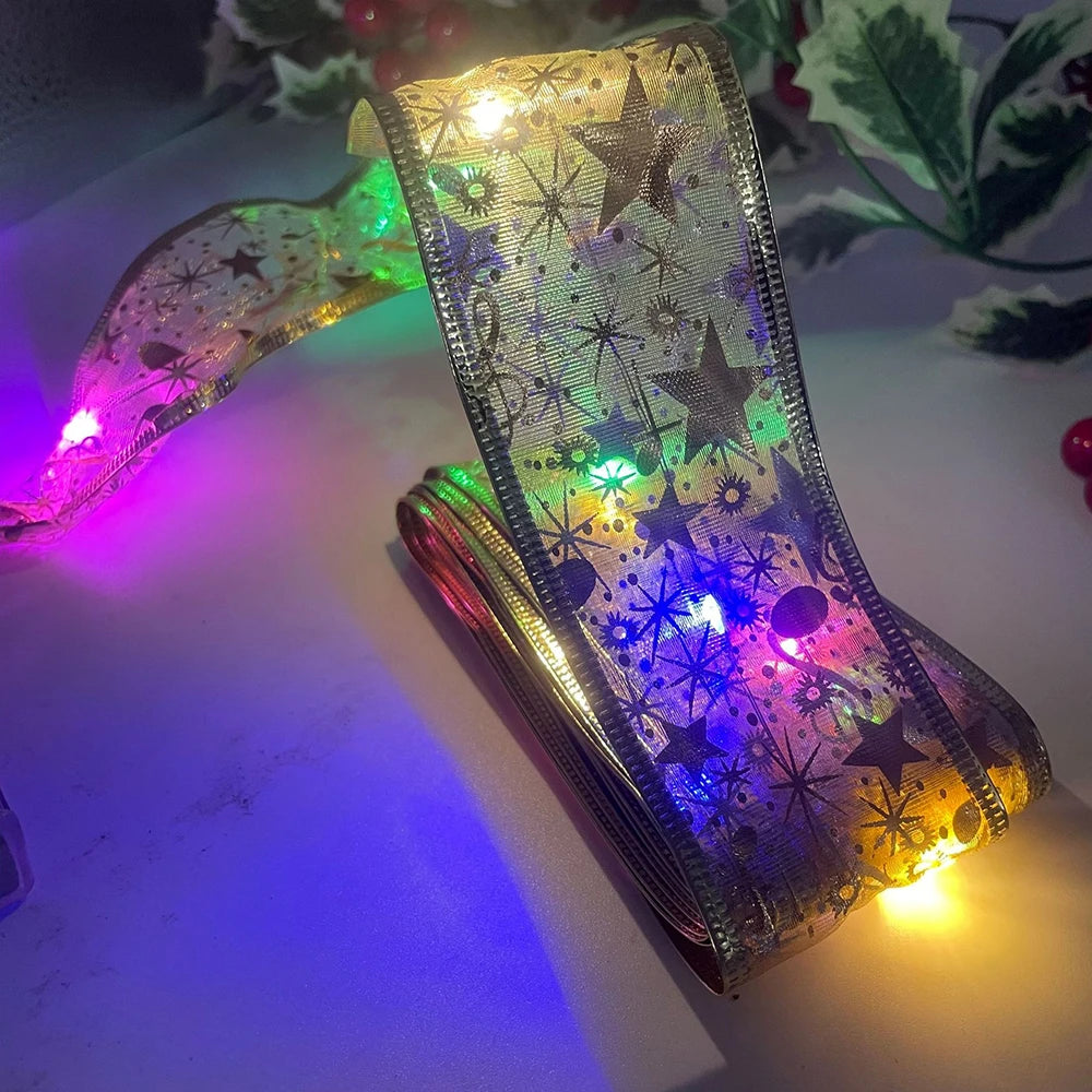 Christmas Ribbon Fairy Light Christmas Decoration DIY Bows String Light Tree Ornaments For Home 2023 Xmas Decor New Year Navidad