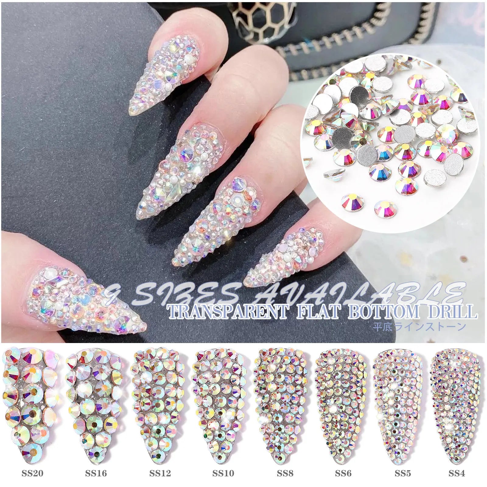 1440Pcs Clear/AB SS3-SS16 Nail Rhinestones Sparkly Glass Diamonds Round Flat-back Mini Rhinestone Nail Gems Manicure Accessories