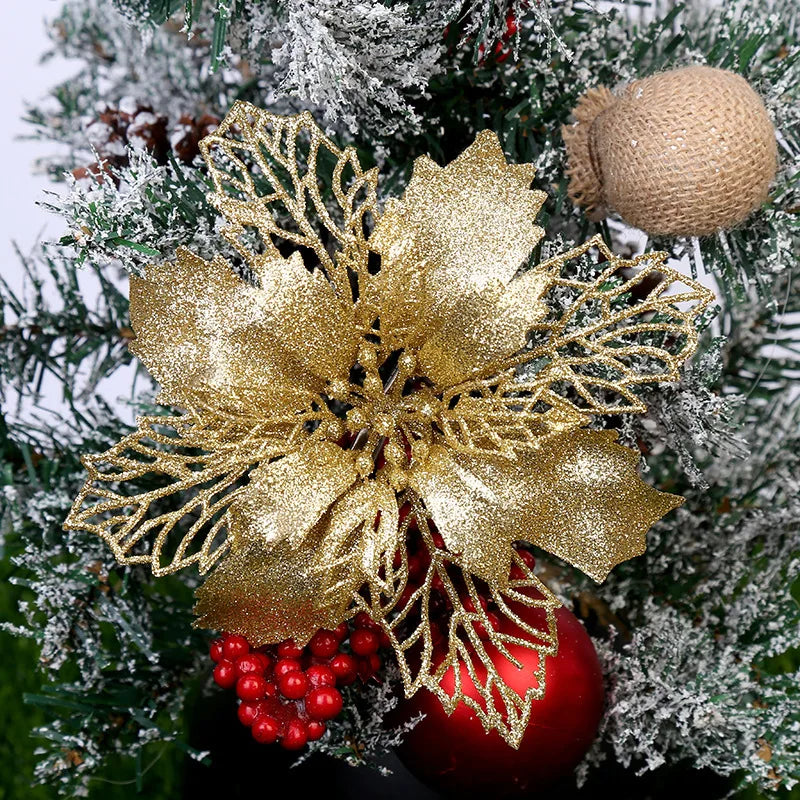 (10pcs) Artificial Christmas Tree Flower Glitter Decorations Xmas Ornaments New Year Gift