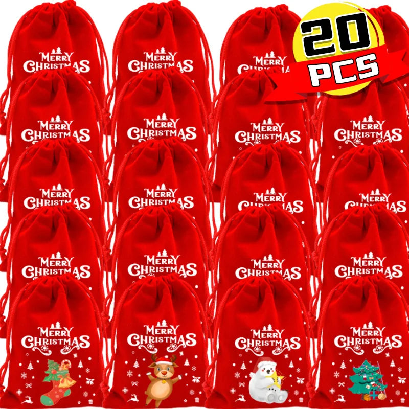 20/1Pcs Red Christmas Velvet Bags Santa Snowman Candy Drawstring Pouch Wrapping Bag for New Year Party Decoration Storage Bag