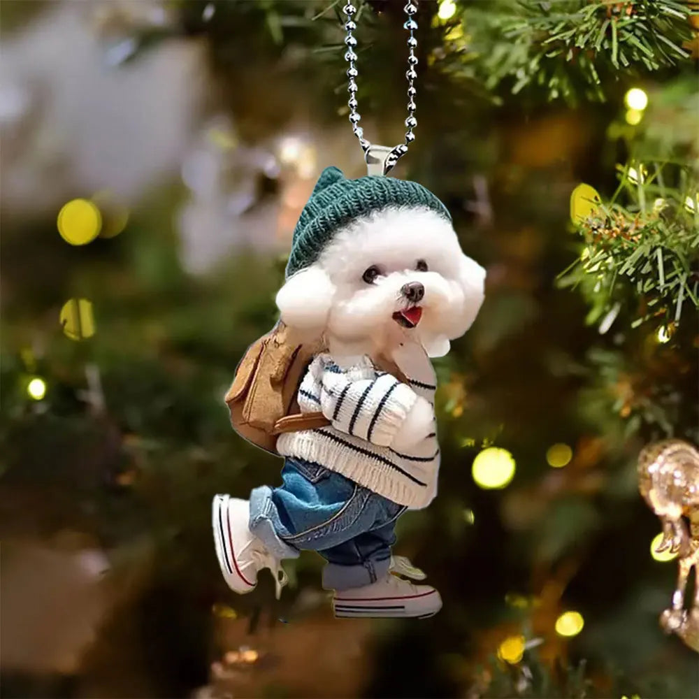 Cute 2D Acrylic Puppy Pendant Trendy Backpack Teddy Dog Xmas Tree Hanging Ornaments Car Decorative Christmas Decorations Gifts