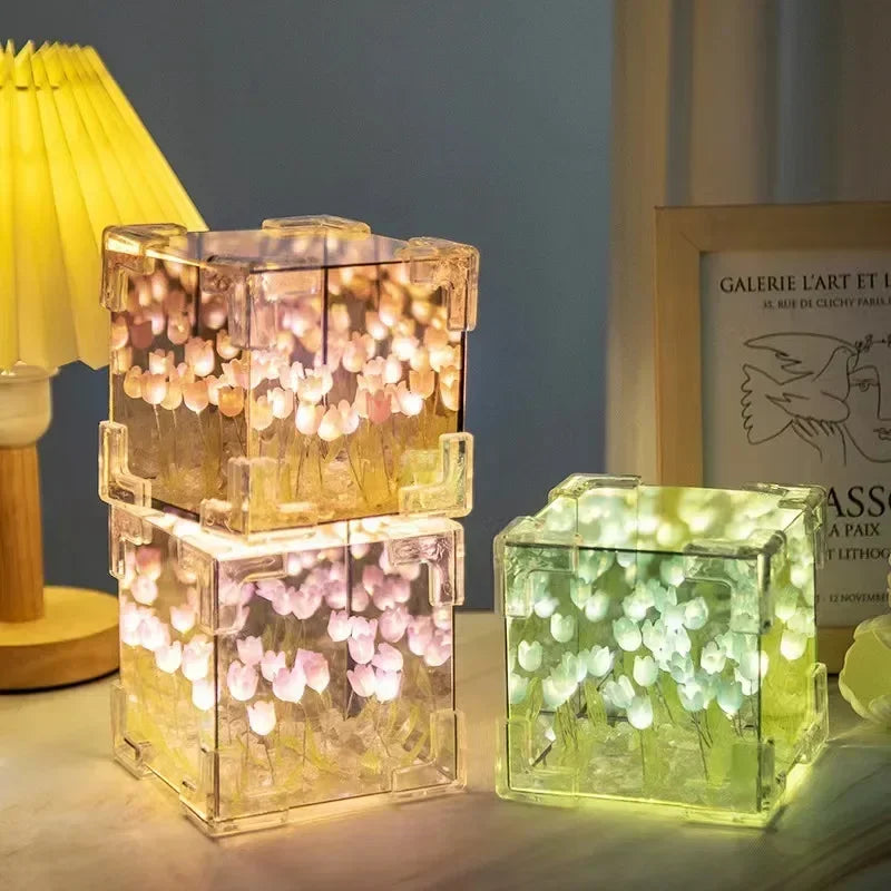 New DIy Creative Tulip Flower Sea Cube Three-Dimensional Small Night Lamp Material Package for Girlfriend Couple Girlfriends