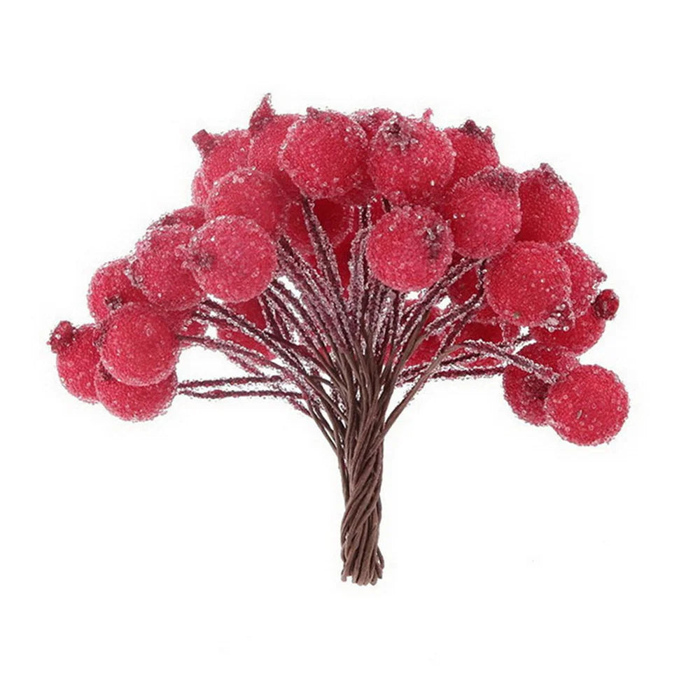 40heads Mini Christmas Frosted Artificial Berry Vivid Red Holly Berries Wedding Party Decoration Artificial Flowers Home Decor