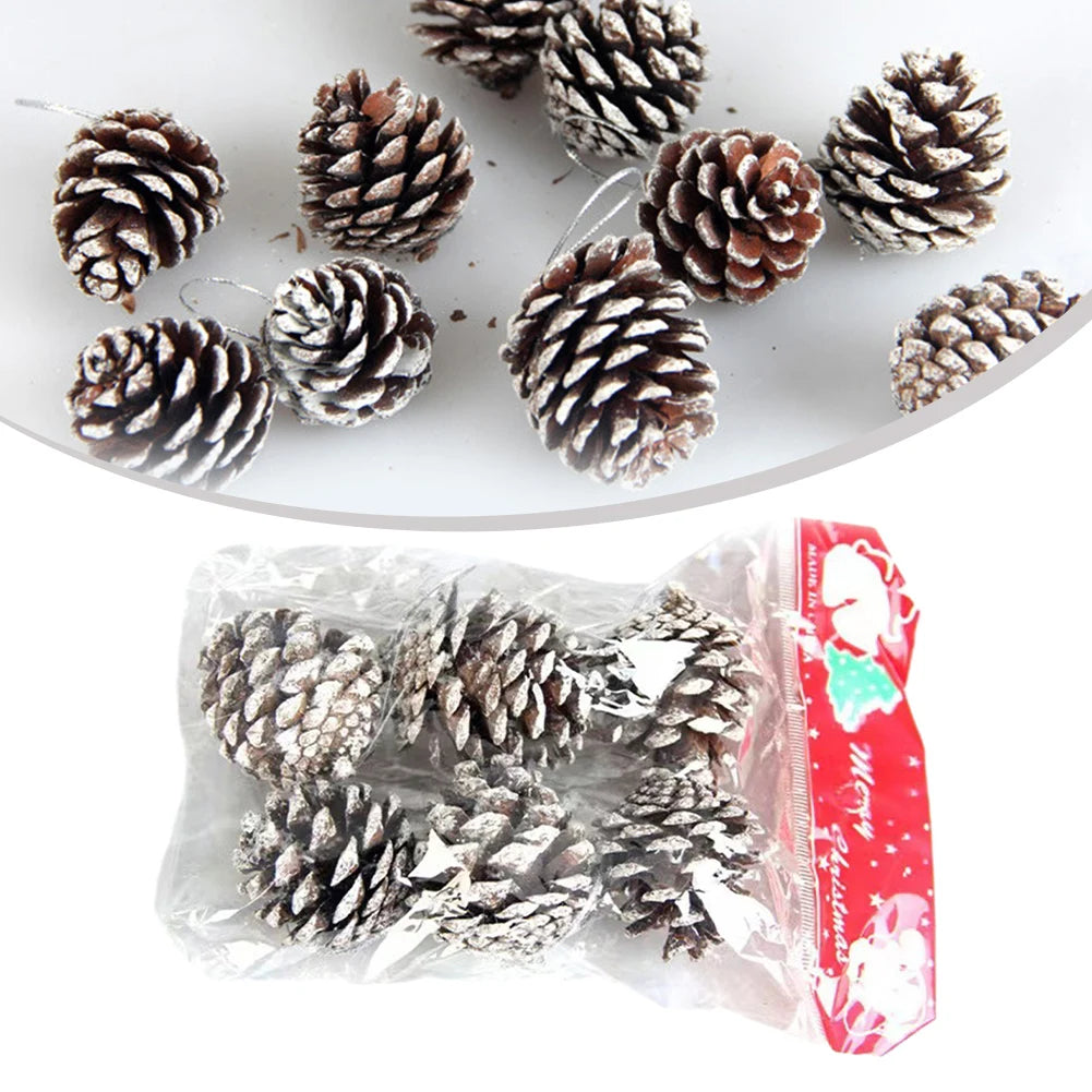 6pc/set Small Pine Cones Christmas Tree Pendant 5CM Original Color Pine Cone Ornaments Natural White Edge Pine Cone Xmas Crafts