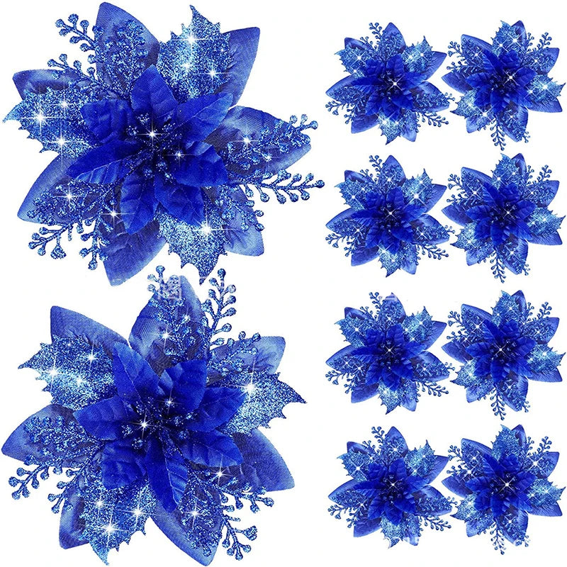 5pcs 14.5cm Glitter Artifical Christmas Flowers Mreey Christmas Tree Decoration Happy New Year Ornaments Xmas Fake Flowers natal