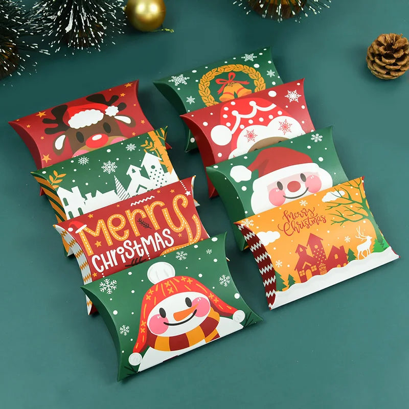 24/12pcs Christmas Pillow Shape Candy Box Merry Christmas Kraft Paper Gift Box Packging Kids Favors Happy New Year Navidad 2024