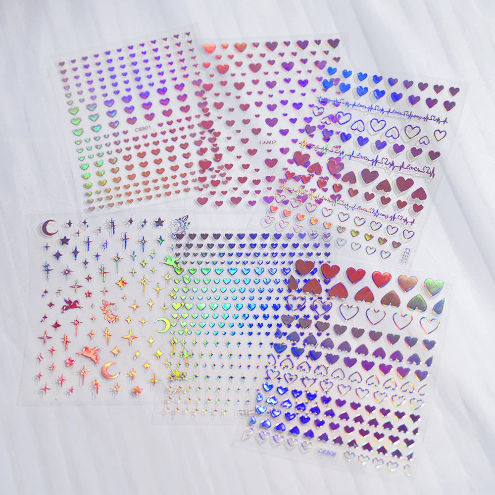 4/6Sheet/Kit Holographic Rainbow Love Heart Nail Sticker 3D Laser Heart Nail Decal Self-Adhesive Love Heart Manicure Slider &*&