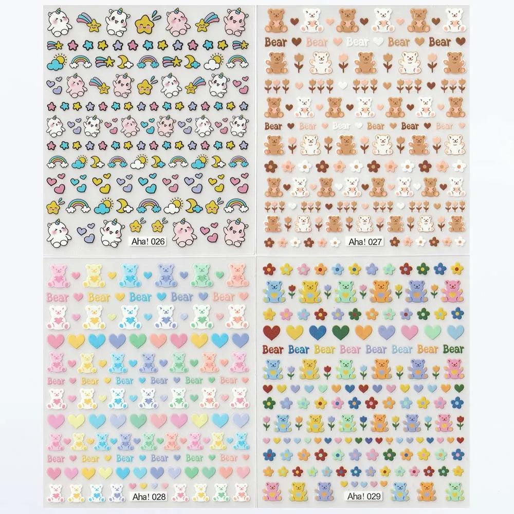 126Pcs Kawaii 3D Cartoon Bear/Heart Nail Stickers Colorful Christmas Bear Flowers Nail Art Decor DIY Self-Adhesive Girl Slider