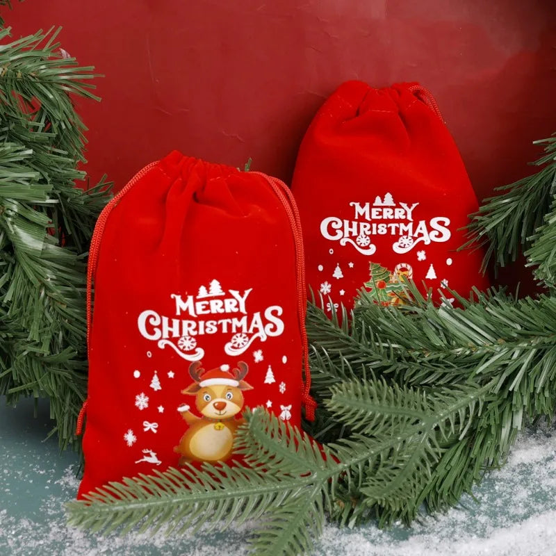 20/1Pcs Red Christmas Velvet Bags Santa Snowman Candy Drawstring Pouch Wrapping Bag for New Year Party Decoration Storage Bag