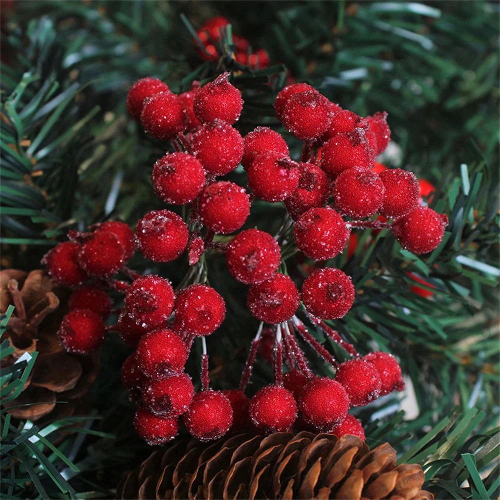 40heads Mini Christmas Frosted Artificial Berry Vivid Red Holly Berries Wedding Party Decoration Artificial Flowers Home Decor