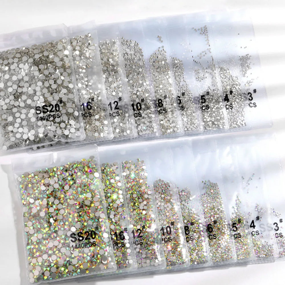 1440Pcs Clear/AB SS3-SS16 Nail Rhinestones Sparkly Glass Diamonds Round Flat-back Mini Rhinestone Nail Gems Manicure Accessories