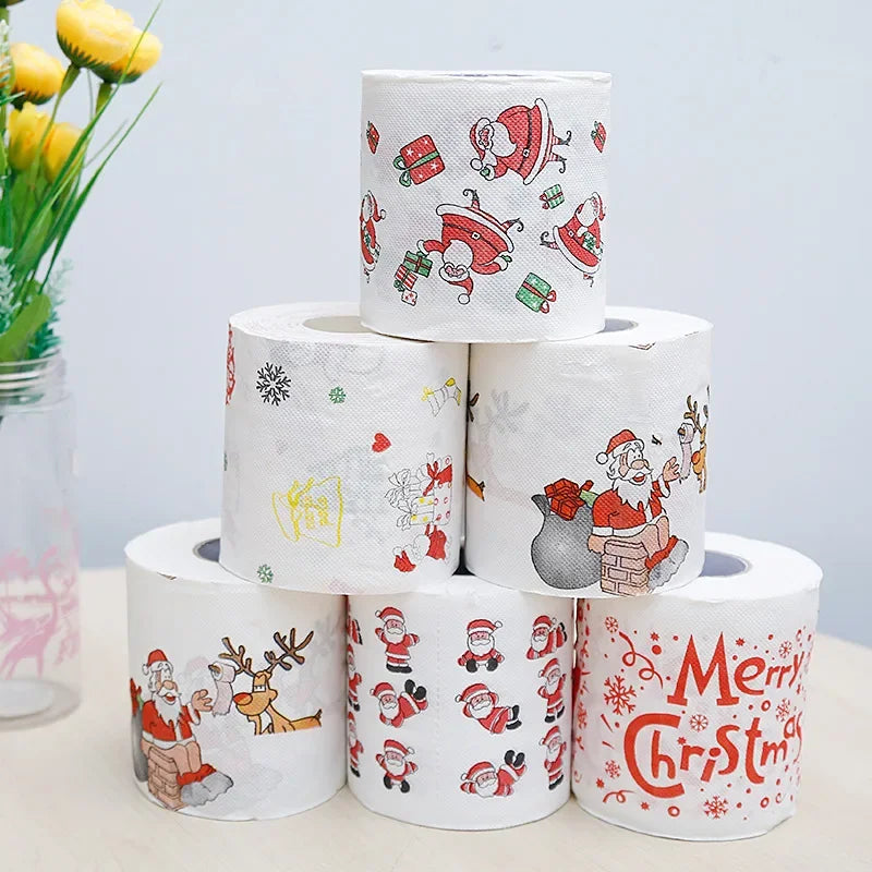 1Roll Christmas Toilet Paper Festival Theme Printed Wood Pulp Toilet Paper Festive Gifts Roll Santa Claus Reindeer Decor Supplie