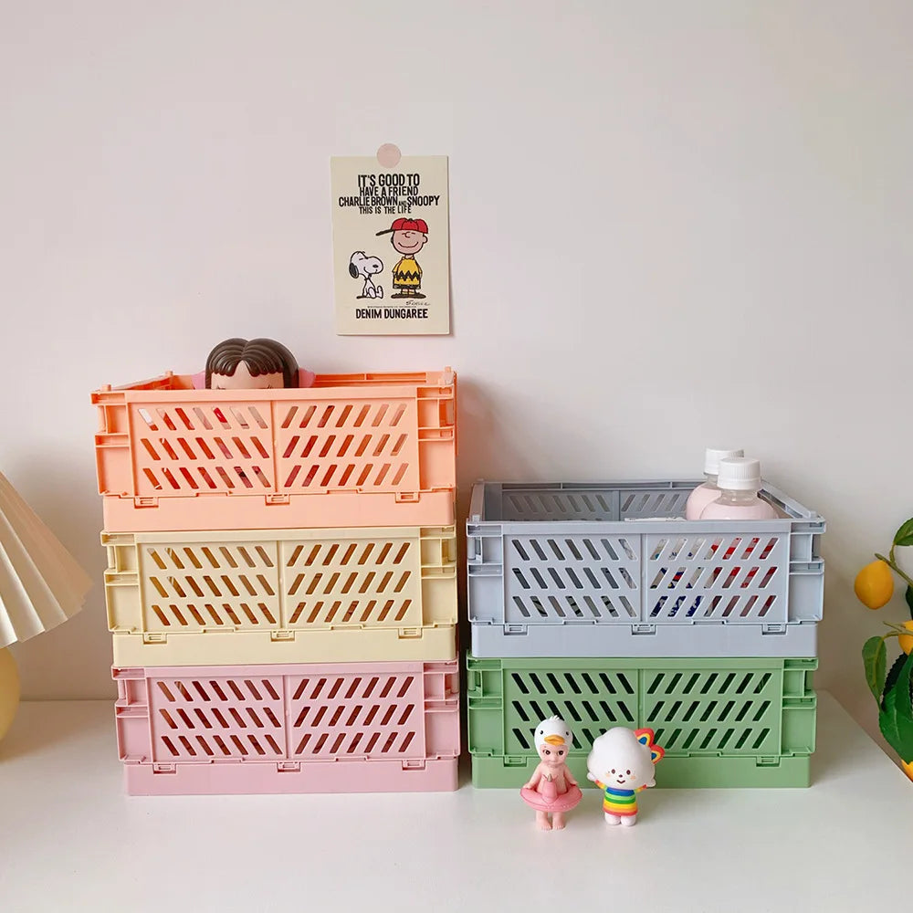 Collapsible Crate Plastic Folding Storage Box Basket Utility Cosmetic Container Desktop Holder Home Use School Desk Storage Box