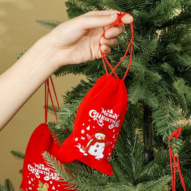 20/1Pcs Red Christmas Velvet Bags Santa Snowman Candy Drawstring Pouch Wrapping Bag for New Year Party Decoration Storage Bag