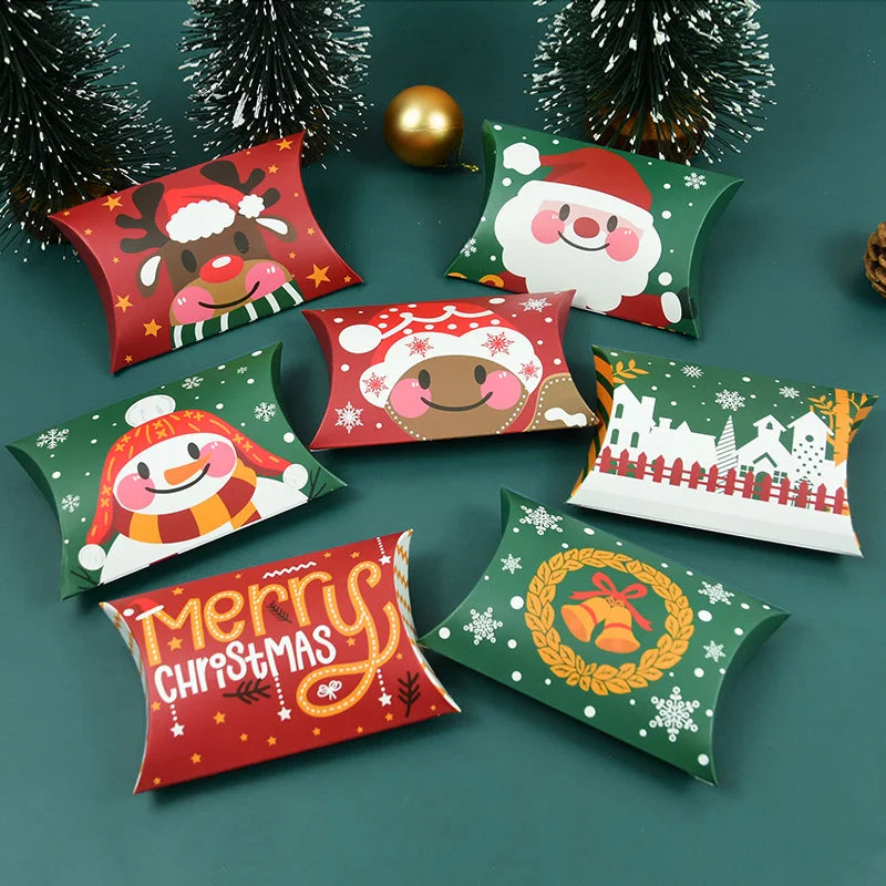 24/12pcs Christmas Pillow Shape Candy Box Merry Christmas Kraft Paper Gift Box Packging Kids Favors Happy New Year Navidad 2024