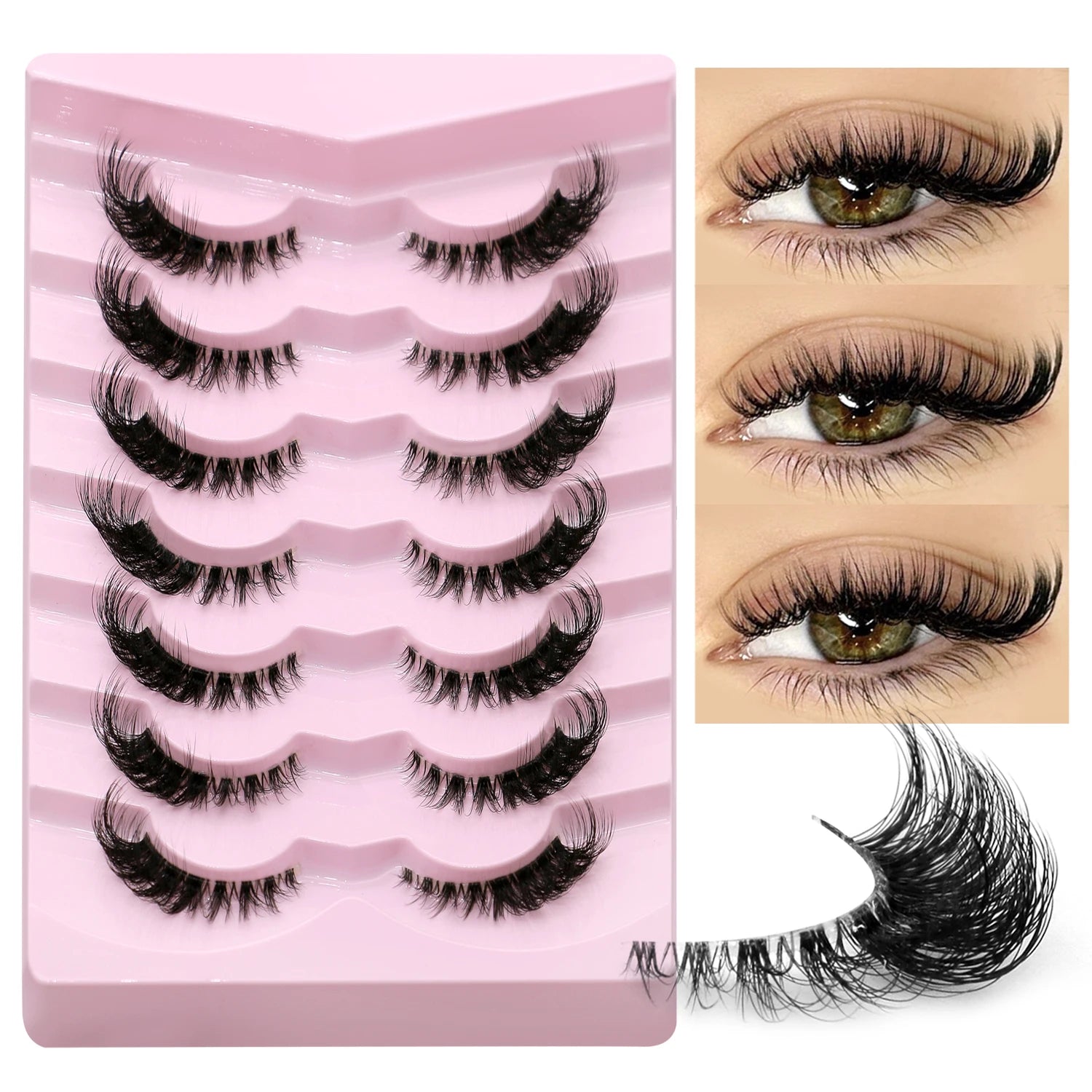 GROINNEYA False Eyelashes Cat Eye Lashes 5/7 Pairs Half Eye Lashes Fluffy Soft Natural Look Nvisible Band Mink lashes Makeup