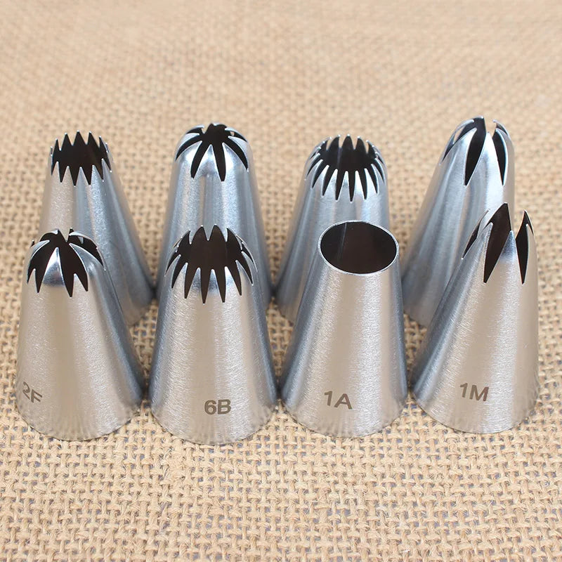 8pcs Piping Nozzles Set, Stainless Steel Icing Nozzles, Cream Cake Piping Tips For Dessert Biscuit Cup Cake, Kitchen Accessories