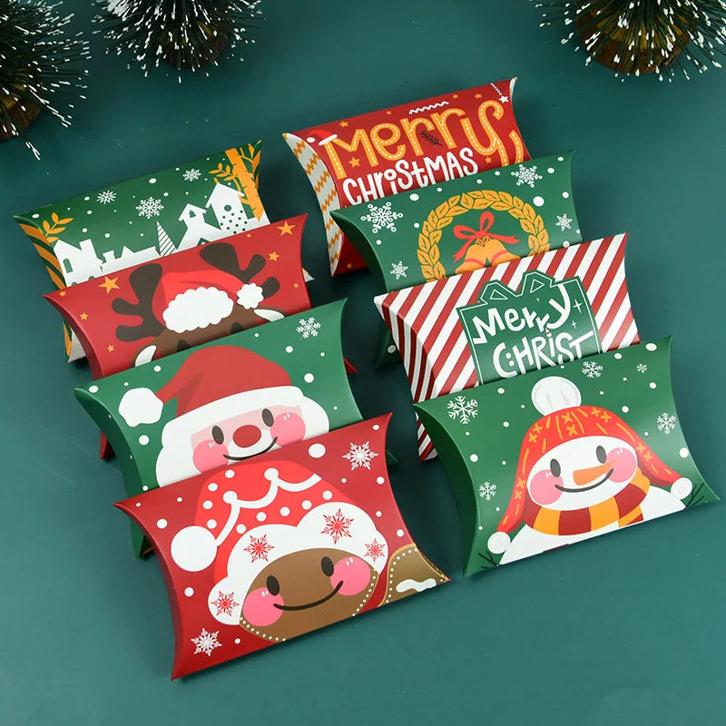 24/12pcs Christmas Pillow Shape Candy Box Merry Christmas Kraft Paper Gift Box Packging Kids Favors Happy New Year Navidad 2024