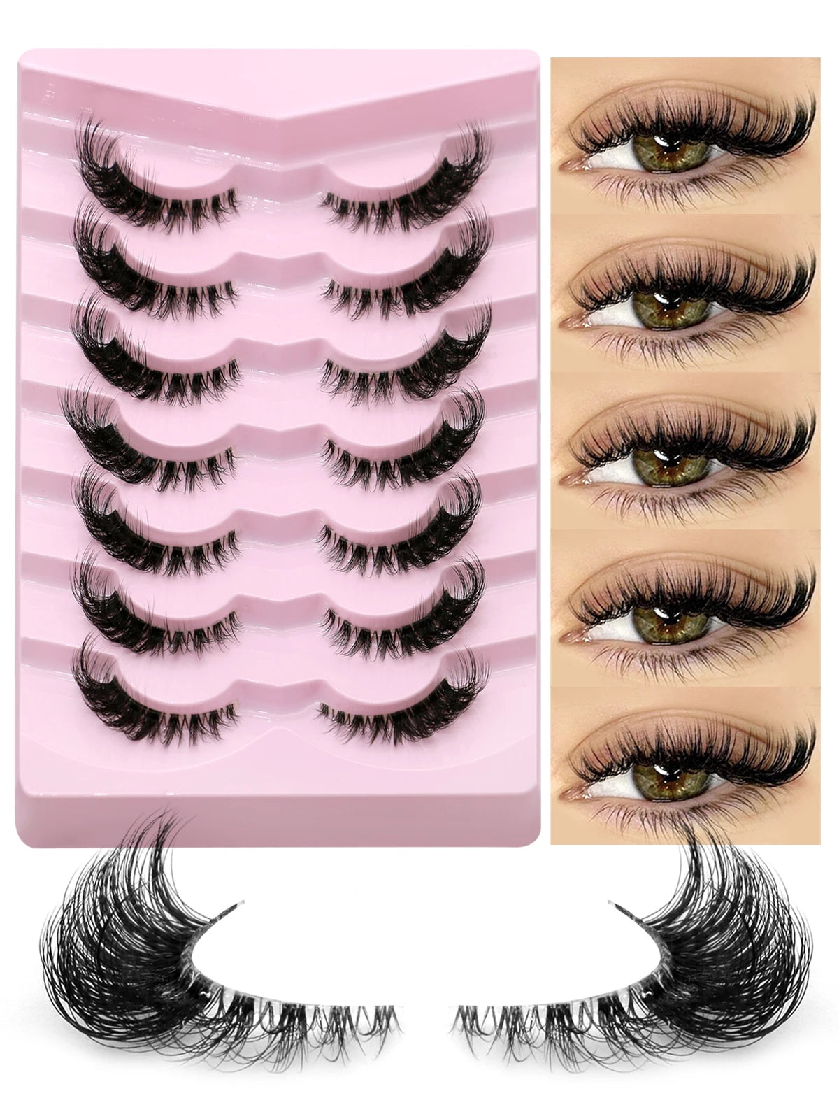 GROINNEYA False Eyelashes Cat Eye Lashes 5/7 Pairs Half Eye Lashes Fluffy Soft Natural Look Nvisible Band Mink lashes Makeup