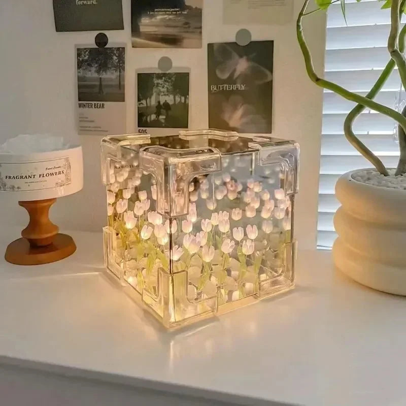 New DIy Creative Tulip Flower Sea Cube Three-Dimensional Small Night Lamp Material Package for Girlfriend Couple Girlfriends