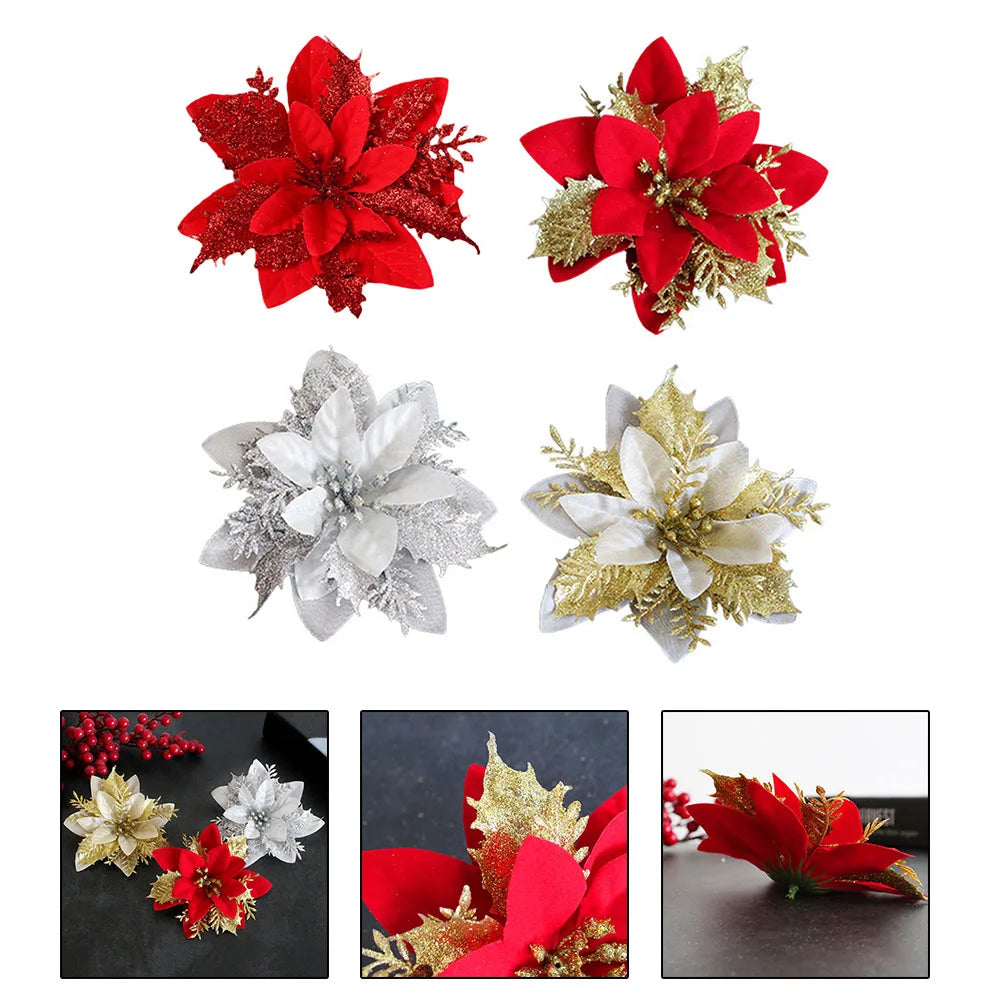 Christmas Flowers For The Tree Christmas Poinsettia Glitter Flower Hanging Xmas Party Tree Decoration Room Ornaments