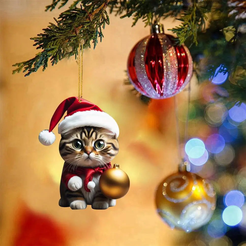 Cartoon Cute Cat Christmas Tree Pendants 2D Acrylic Hanging Ornaments Home Party Christmas Decoration 2023 Navidad New Year Gift