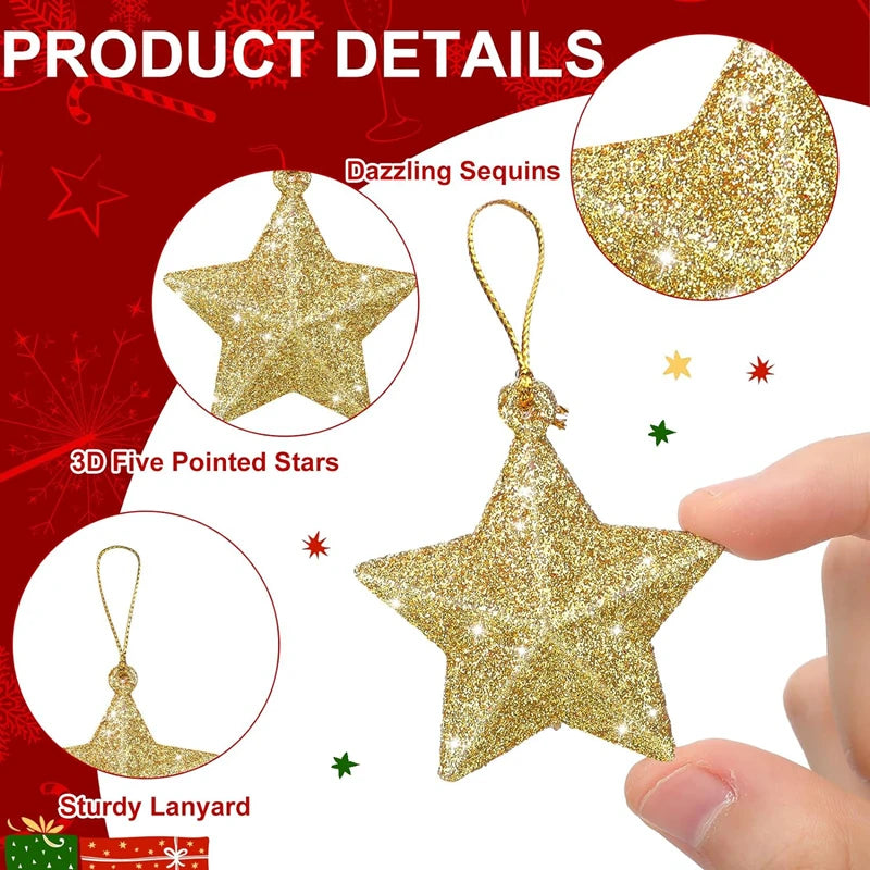 Gold Glitter Star Ornaments Christmas Tree Hanging Pendant 2024 Christmas Decorations for Home Navidad New Year Party DIY Gift