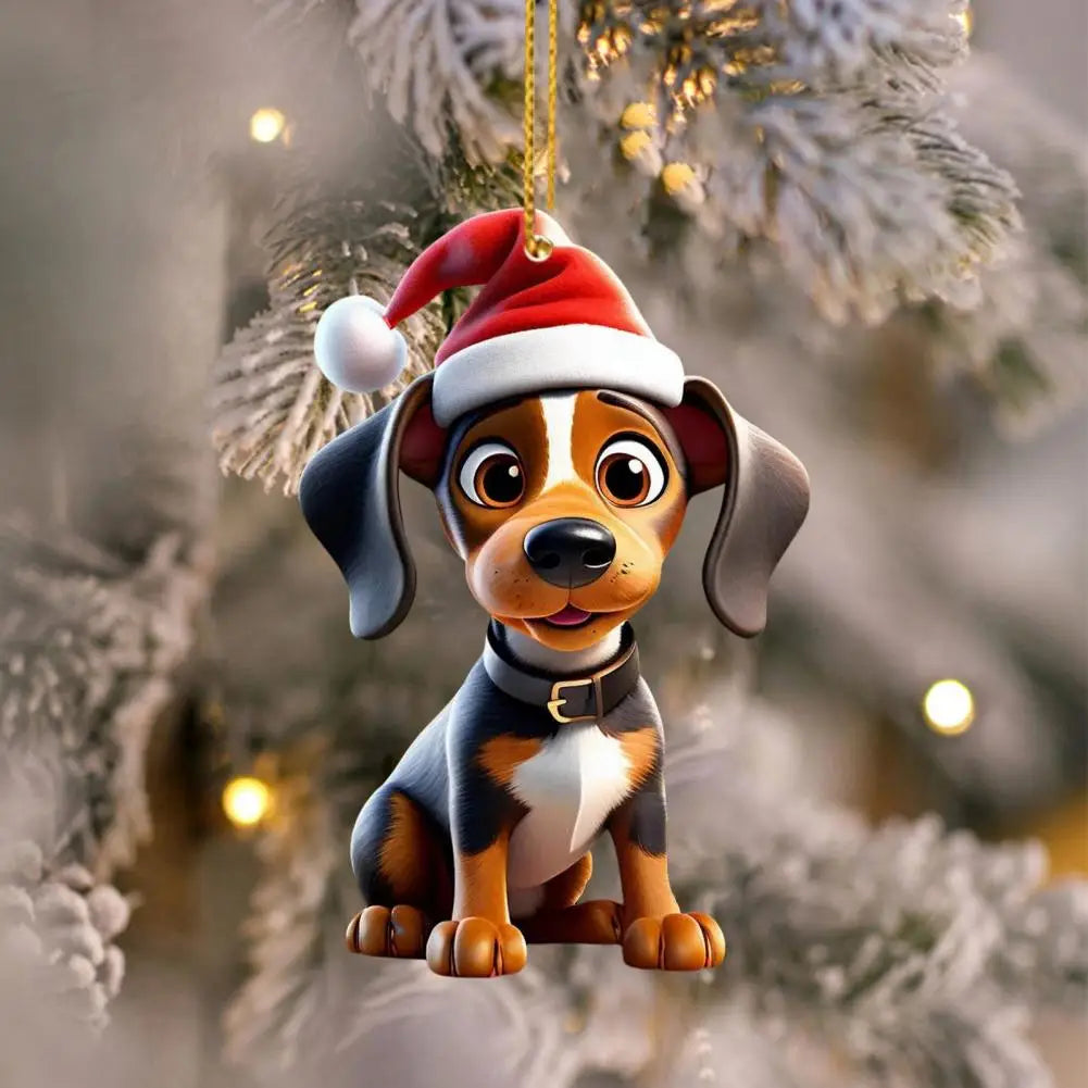 Christmas Tree Hanging Ornament Cartoon Dog Xmas Tree Decoration 2D Flat Acrylic Pendant for Door Window Wall Car Decor