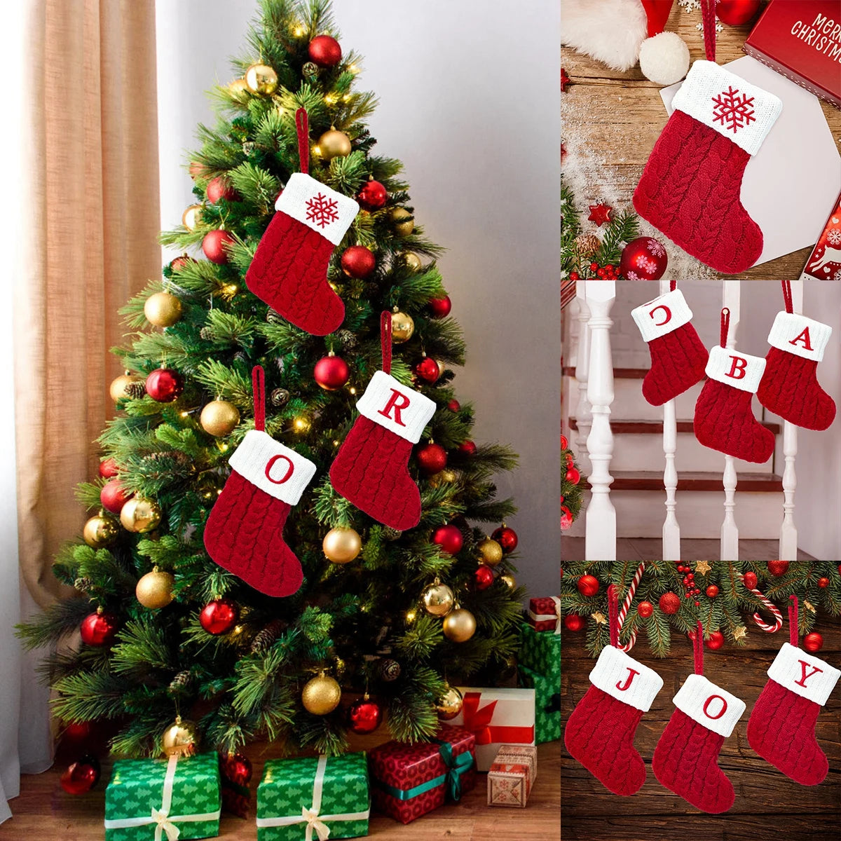 Christmas Socks Knitting Snowflake Letter Stocking Christmas Decoration For Home 2024 Xmas Tree Ornament Gift Navidad Natal 2024