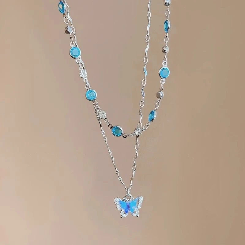 LATS Romantic Blue Crystal Butterfly Necklace for Women Girls Simple Shiny Zircon Bilayer Choker Clavicle Chain New Fine Jewelry