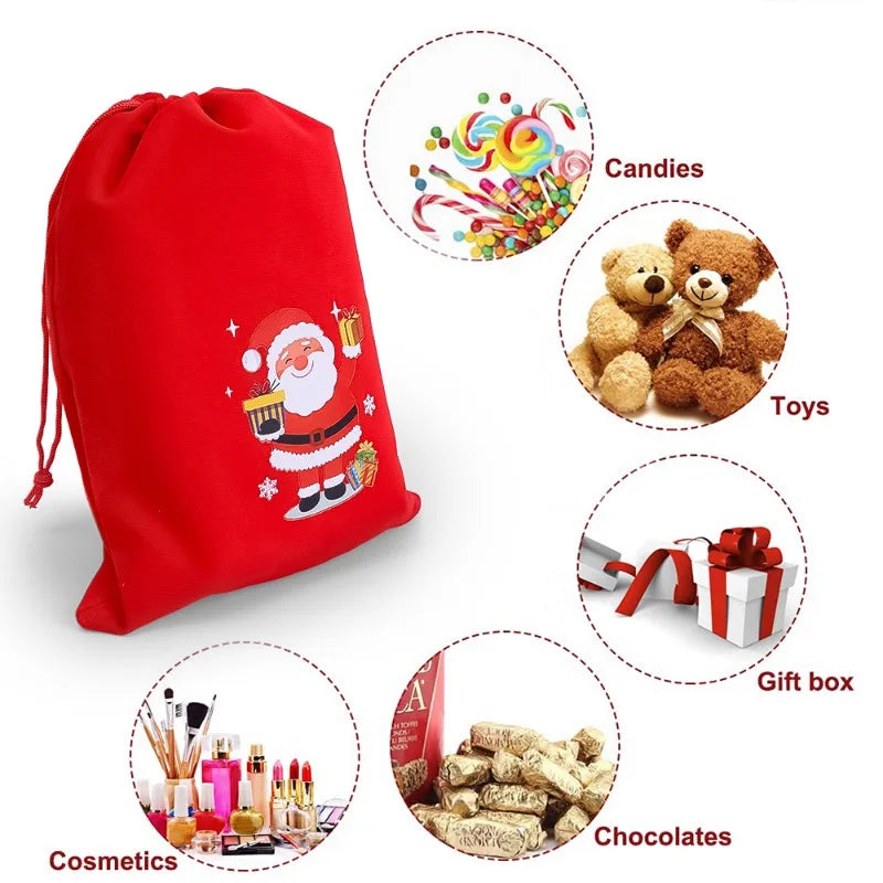 20/1Pcs Red Christmas Velvet Bags Santa Snowman Candy Drawstring Pouch Wrapping Bag for New Year Party Decoration Storage Bag