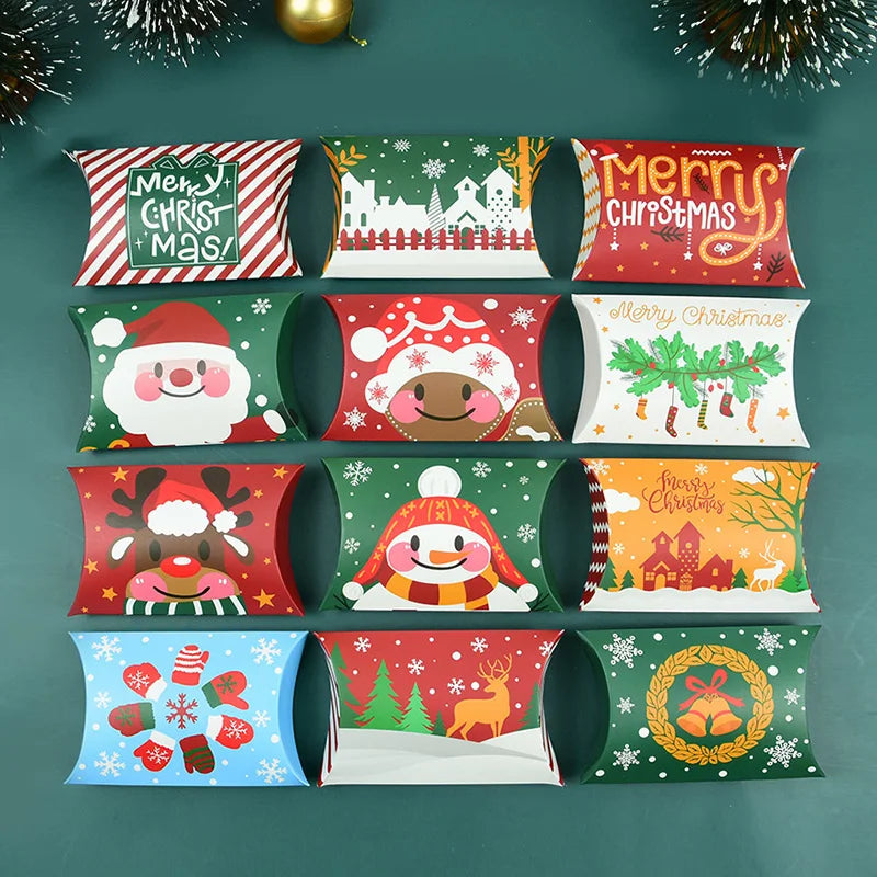 24/12pcs Christmas Pillow Shape Candy Box Merry Christmas Kraft Paper Gift Box Packging Kids Favors Happy New Year Navidad 2024