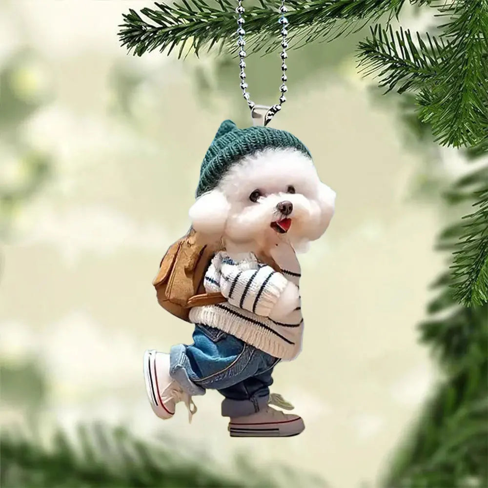 Cute 2D Acrylic Puppy Pendant Trendy Backpack Teddy Dog Xmas Tree Hanging Ornaments Car Decorative Christmas Decorations Gifts