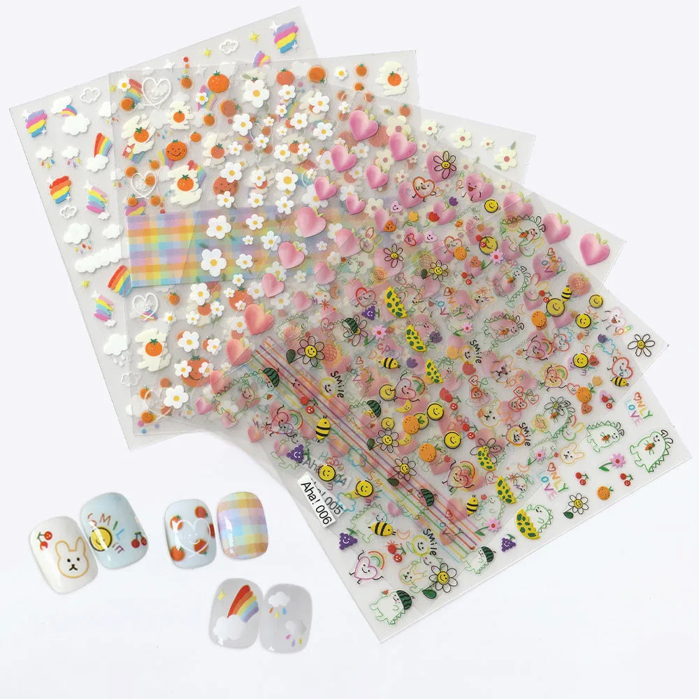 126Pcs Kawaii 3D Cartoon Bear/Heart Nail Stickers Colorful Christmas Bear Flowers Nail Art Decor DIY Self-Adhesive Girl Slider