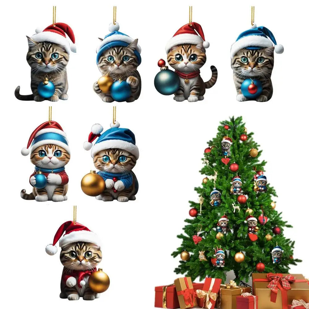 Cartoon Cute Cat Christmas Tree Pendants 2D Acrylic Hanging Ornaments Home Party Christmas Decoration 2023 Navidad New Year Gift