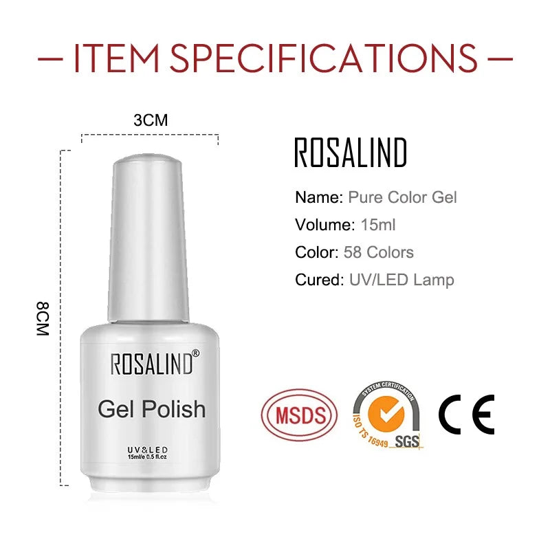 ROSALIND Mini/15ml Soak Off Pure Color Nail Gel Bright For Nail Art Design LED/UV Lamp Semi Permanent Need Base Top Coat