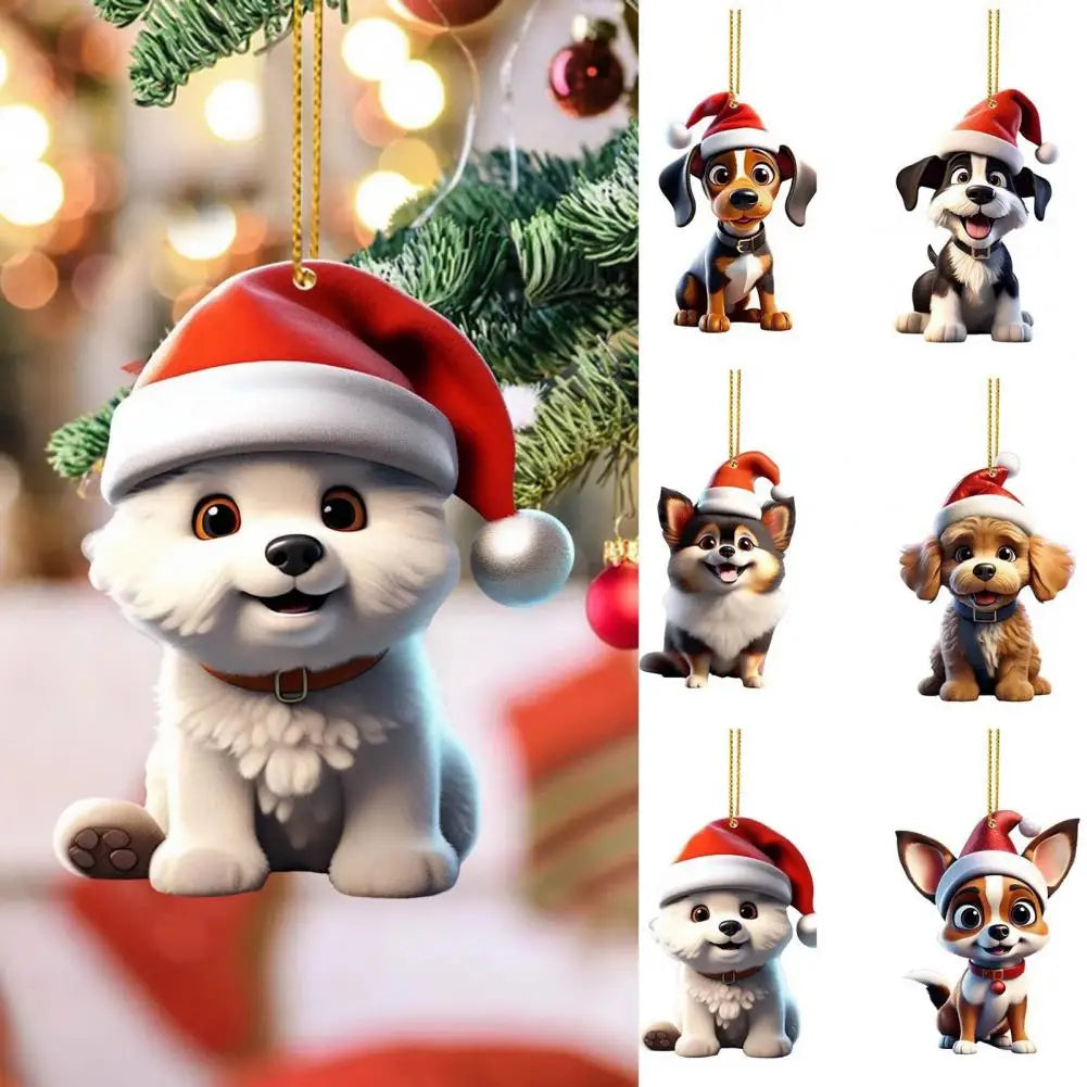 Christmas Tree Hanging Ornament Cartoon Dog Xmas Tree Decoration 2D Flat Acrylic Pendant for Door Window Wall Car Decor