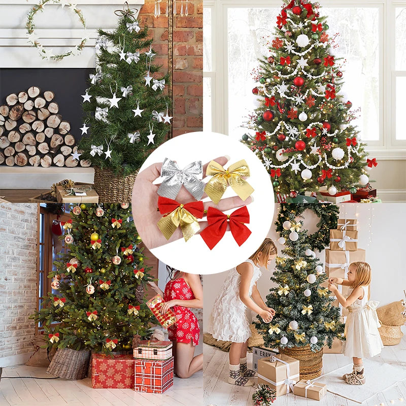 12/24pcs Christmas Bow Red Gold Mini Xmas Tree Bowknot Pendant Ornaments for Home Decoration Navidad New Year Party DIY Gifts