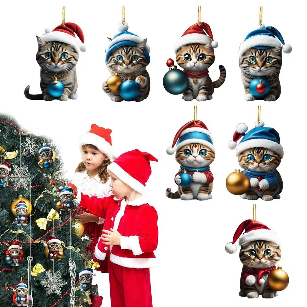 Cartoon Cute Cat Christmas Tree Pendants 2D Acrylic Hanging Ornaments Home Party Christmas Decoration 2023 Navidad New Year Gift