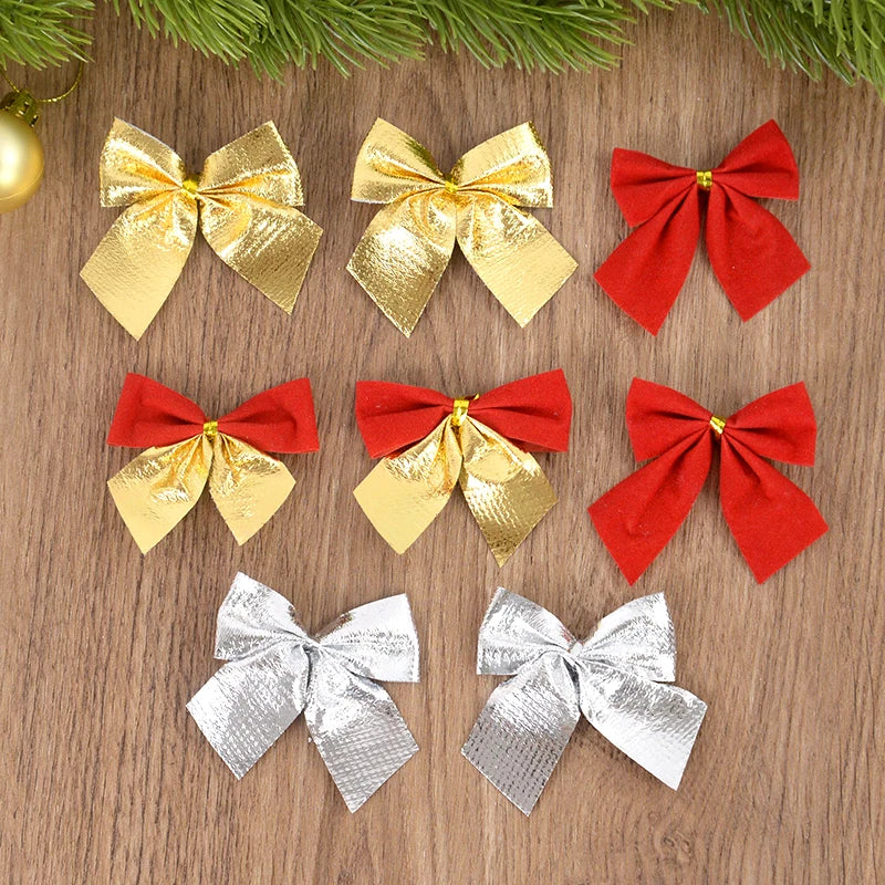 12/24pcs Christmas Bow Red Gold Mini Xmas Tree Bowknot Pendant Ornaments for Home Decoration Navidad New Year Party DIY Gifts