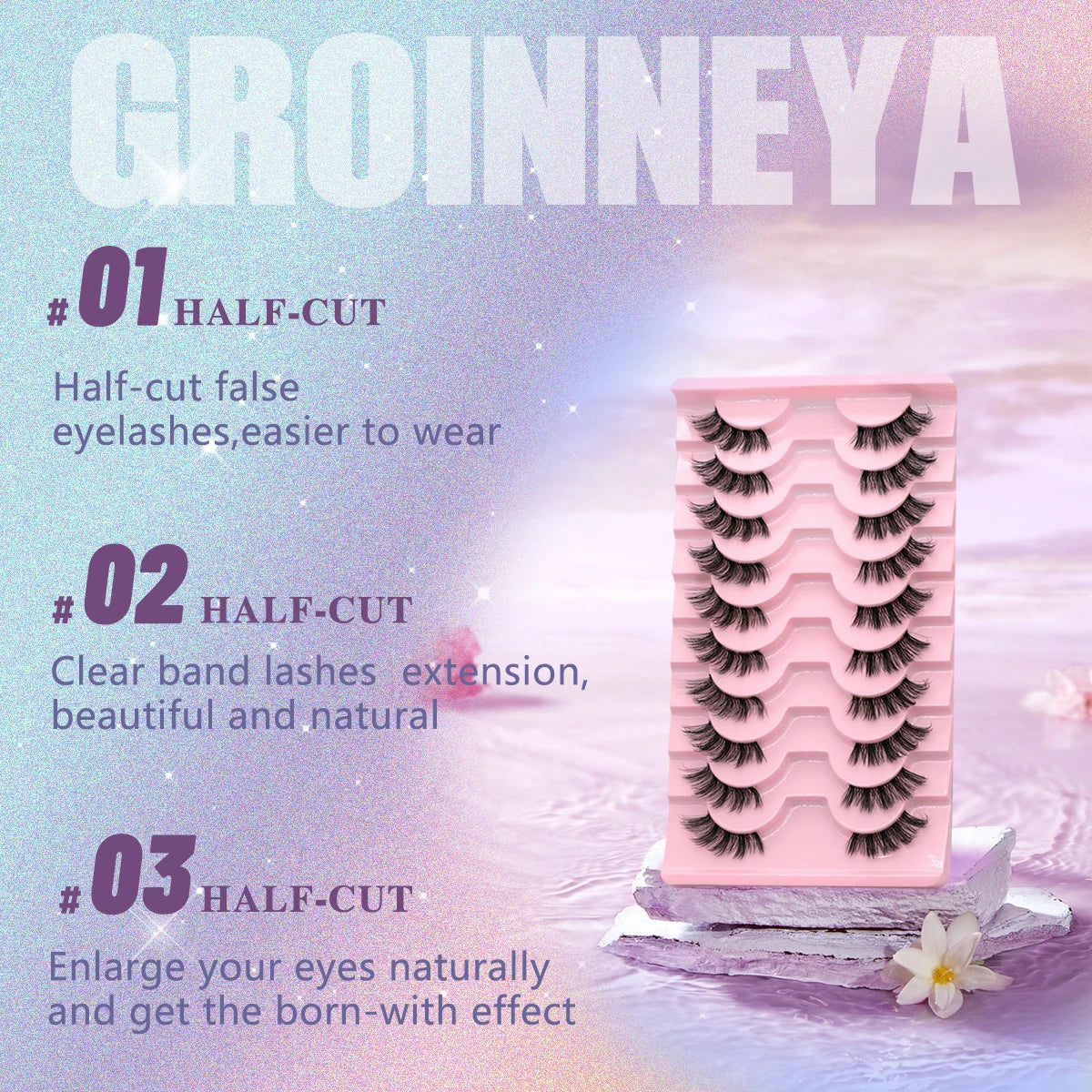 GROINNEYA Half Eye Lashes 5/6/10 Pairs Cat Eye Lashes Clear Band Fake Eyelashes Eye Elongated Natural Look Eyelashes Extension