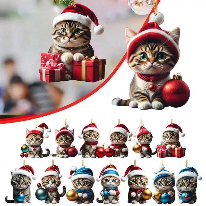 Cartoon Cute Cat Christmas Tree Pendants 2D Acrylic Hanging Ornaments Home Party Christmas Decoration 2023 Navidad New Year Gift