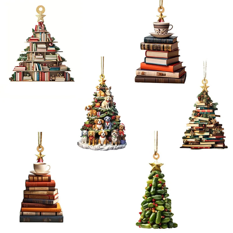 Acrylic Christmas Pendant Cartoon Bookshelf Dogs Star Ornaments Xmas Tree Car Rearview Mirror Hangings Navidad Party Decorations