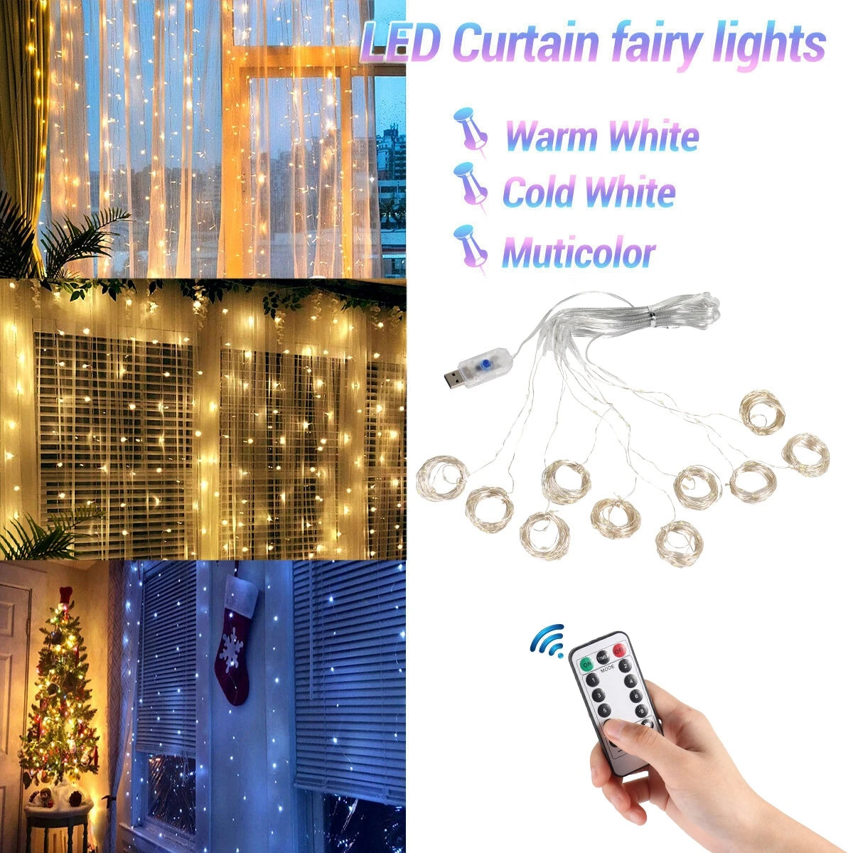 LED Garland Curtain Lights 8 Modes USB Remote Control Fairy Lights String Wedding Christmas Decor for Home Bedroom New Year Lamp