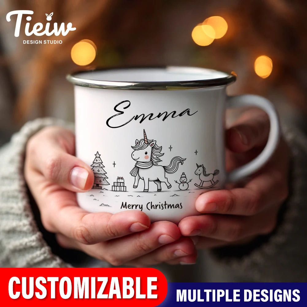 Custom Christmas Enamel Mug for Kids Merry Christmas Design-Perfect Personalized Christmas Present for Stocking Stuffer idea