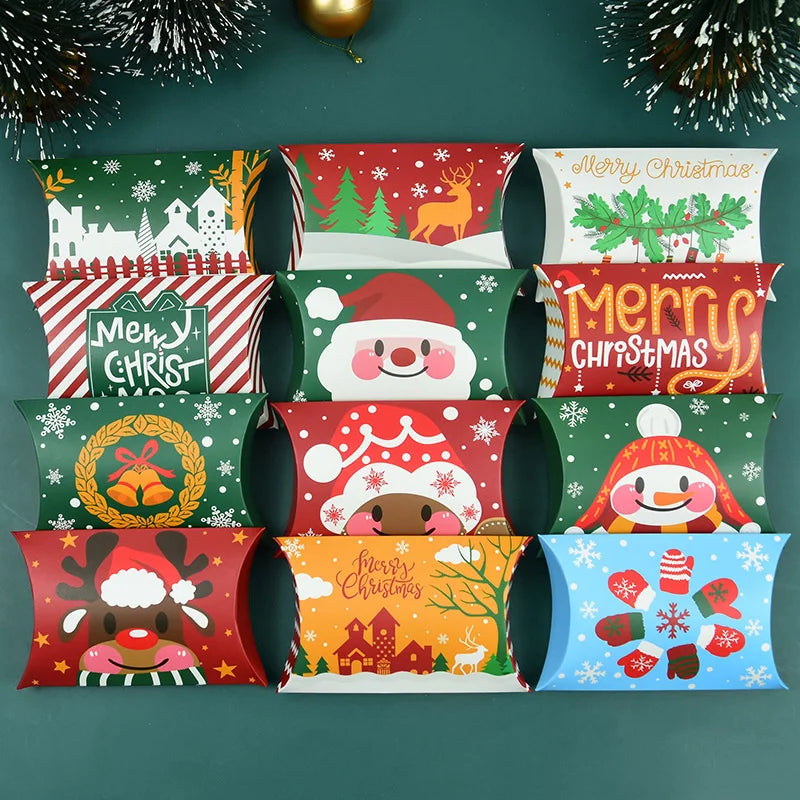 24/12pcs Christmas Pillow Shape Candy Box Merry Christmas Kraft Paper Gift Box Packging Kids Favors Happy New Year Navidad 2024