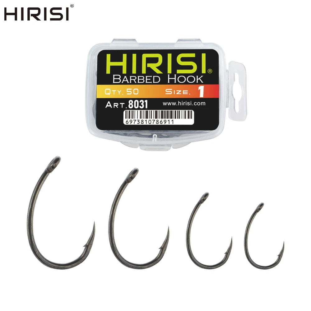 Hirisi 50pcs PTFE Coated High Carbon Stainless Steel Barbed Fish Hook With Eye Fishing Accessories 8031