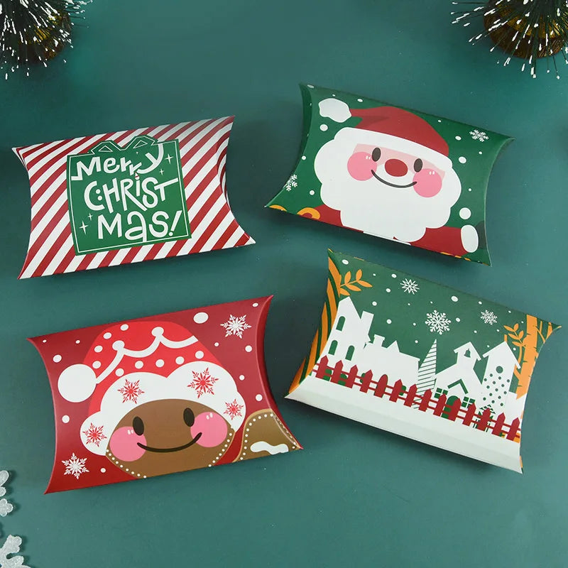 24/12pcs Christmas Pillow Shape Candy Box Merry Christmas Kraft Paper Gift Box Packging Kids Favors Happy New Year Navidad 2024