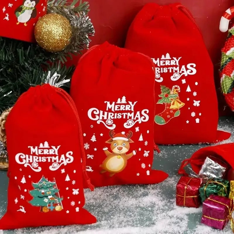 20/1Pcs Red Christmas Velvet Bags Santa Snowman Candy Drawstring Pouch Wrapping Bag for New Year Party Decoration Storage Bag