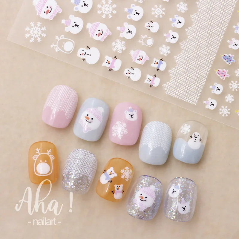 126Pcs Kawaii 3D Cartoon Bear/Heart Nail Stickers Colorful Christmas Bear Flowers Nail Art Decor DIY Self-Adhesive Girl Slider